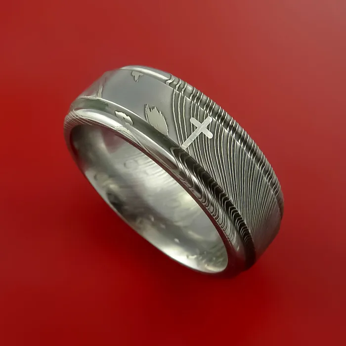 Lashbrook Rings Damascus Steel Ring with Platinum Cross Inlay Custom Made Band Lashbrook Rings Damascus Steel Ring with Platinum Cross Inlay Custom Made Band