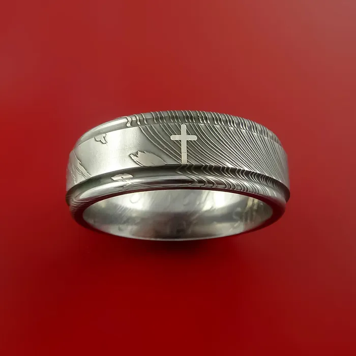 Lashbrook Rings Damascus Steel Ring with Platinum Cross Inlay Custom Made Band Lashbrook Rings Damascus Steel Ring with Platinum Cross Inlay Custom Made Band