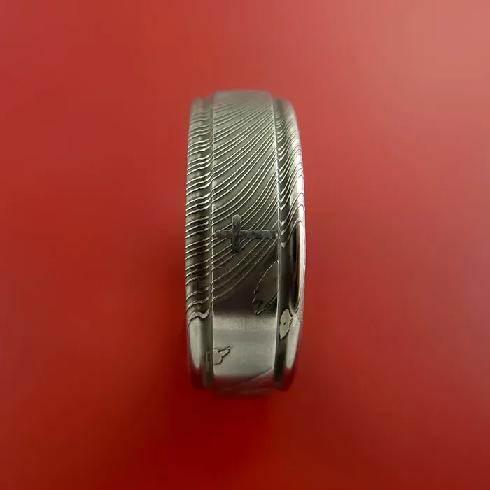 Lashbrook Rings Damascus Steel Ring with Platinum Cross Inlay Custom Made Band Lashbrook Rings Damascus Steel Ring with Platinum Cross Inlay Custom Made Band