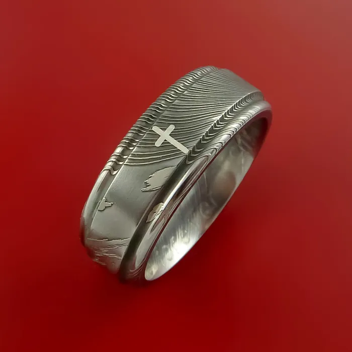 Lashbrook Rings Damascus Steel Ring with Platinum Cross Inlay Custom Made Band Lashbrook Rings Damascus Steel Ring with Platinum Cross Inlay Custom Made Band