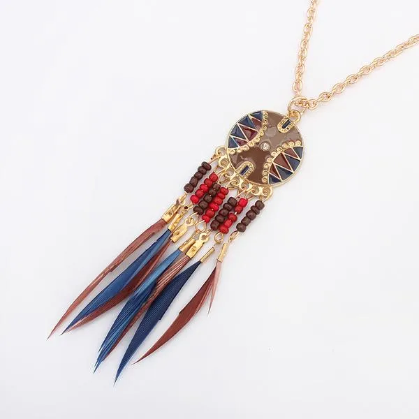 N1121 Teal Burgundy Tribal Baked Enamel Bead Feather Tassel Necklace with FREE Earrings 01 Necklaces N1121 Teal Burgundy Tribal Baked Enamel Bead Feather Tassel Necklace with FREE Earrings 01 Necklaces