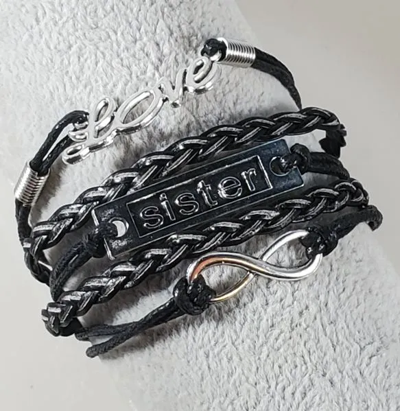 POLLY Bracelets B198 Black Sister Love Leather Layered Bracelet
