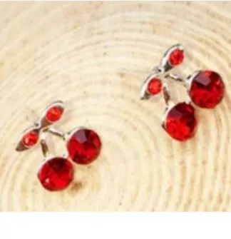polly Earrings E856 Silver Red Rhinestone Cherry Earrings