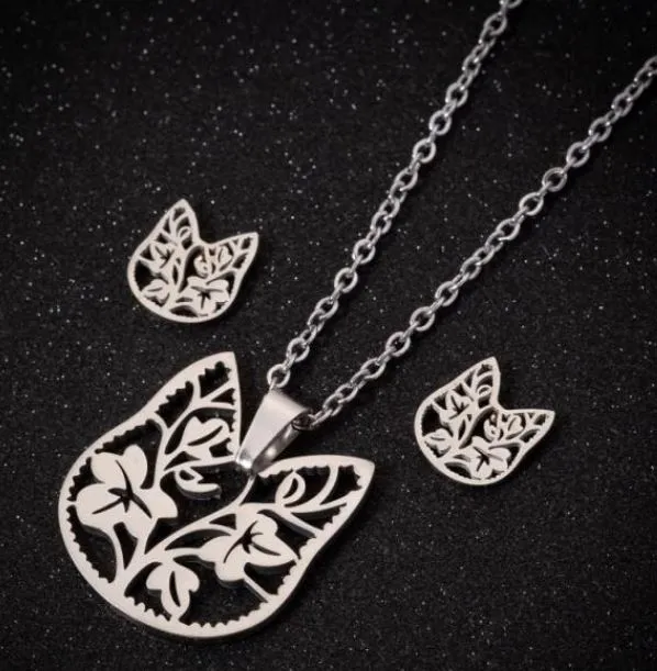 POLLY Necklaces N1694 Silver Floral Cat Stainless Steel Necklace with FREE Earrings POLLY Necklaces N1694 Silver Floral Cat Stainless Steel Necklace with FREE Earrings