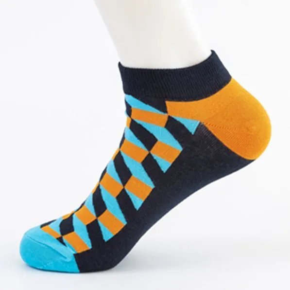 POLLY Rings SF75 Black Top Light Blue Heel Multi Rectangle Low Cut Socks