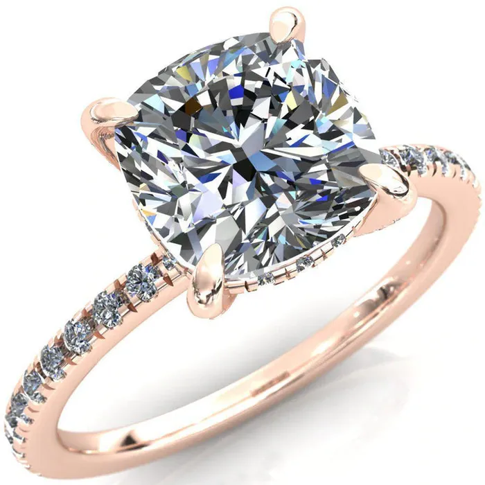 Rings Fire Brilliance EZILI CUSHION 8MM FAB MOISSANITE 4 CLAW PRONG MICRO PAVE DIAMOND SIDES ENGAGEMENT RING