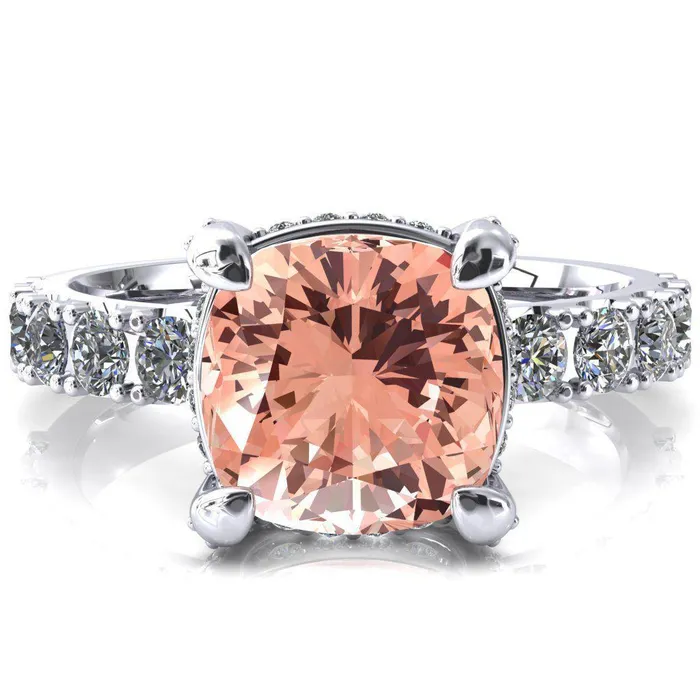 Rings Fire Brilliance Grandeur Cushion Champagne Sapphire 4 Prong Basket and Half Eternity Fire Ring