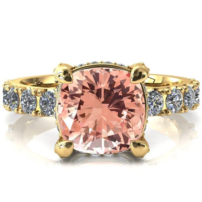 Rings Fire Brilliance Grandeur Cushion Champagne Sapphire 4 Prong Basket and Half Eternity Fire Ring