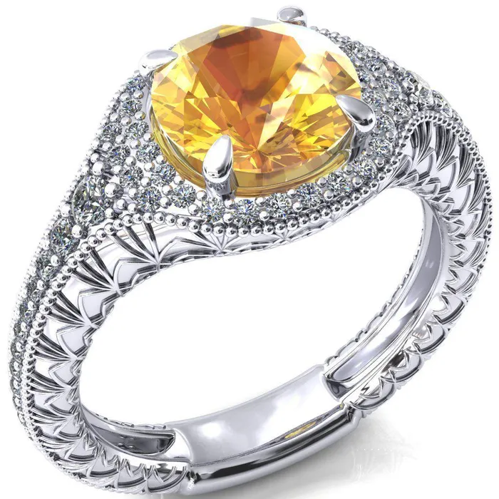 Rings Fire Brilliance Kylee Round Yellow Sapphire Accent Diamond Milgrain and Filigree Design 4 Prong Engagement Ring