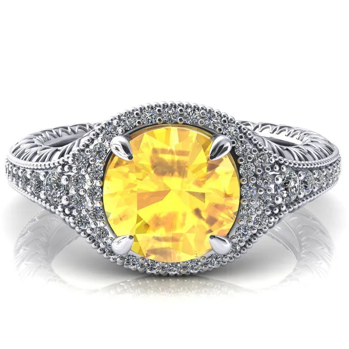 Rings Fire Brilliance Kylee Round Yellow Sapphire Accent Diamond Milgrain and Filigree Design 4 Prong Engagement Ring