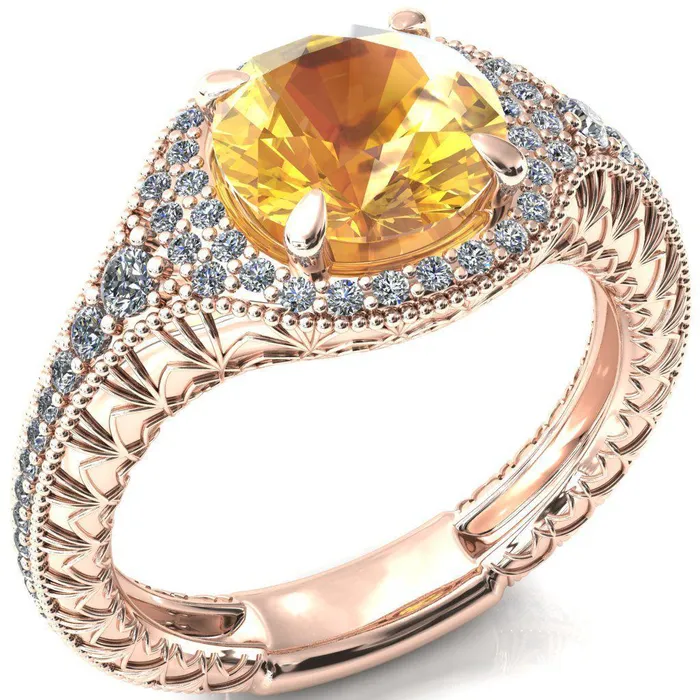 Rings Fire Brilliance Kylee Round Yellow Sapphire Accent Diamond Milgrain and Filigree Design 4 Prong Engagement Ring