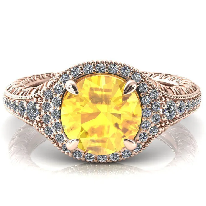 Rings Fire Brilliance Kylee Round Yellow Sapphire Accent Diamond Milgrain and Filigree Design 4 Prong Engagement Ring