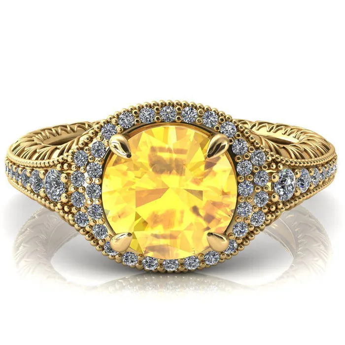 Rings Fire Brilliance Kylee Round Yellow Sapphire Accent Diamond Milgrain and Filigree Design 4 Prong Engagement Ring
