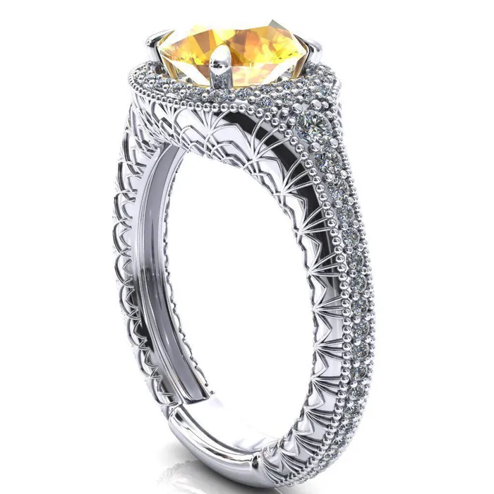 Rings Fire Brilliance Kylee Round Yellow Sapphire Accent Diamond Milgrain and Filigree Design 4 Prong Engagement Ring
