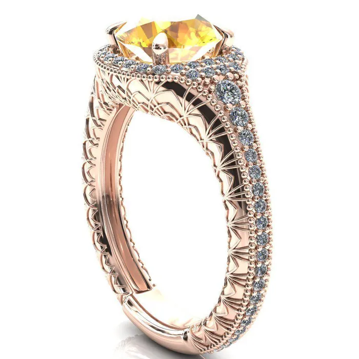 Rings Fire Brilliance Kylee Round Yellow Sapphire Accent Diamond Milgrain and Filigree Design 4 Prong Engagement Ring