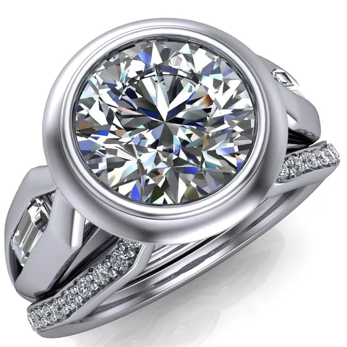 Rings Liberty Round Center Stone Bezel and Baguette Accent Cathedral Ring Fire Brilliance 