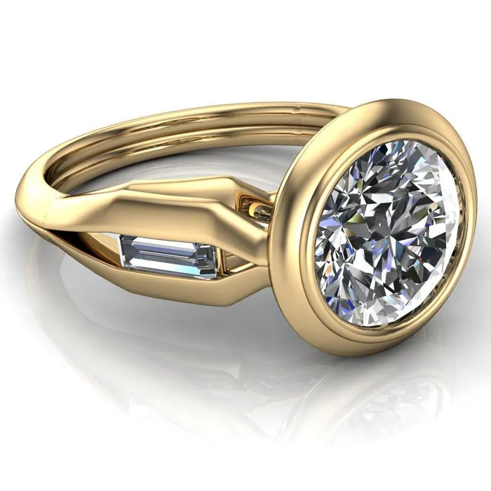Rings Liberty Round Center Stone Bezel and Baguette Accent Cathedral Ring Fire Brilliance 