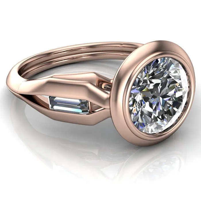 Rings Liberty Round Center Stone Bezel and Baguette Accent Cathedral Ring Fire Brilliance 