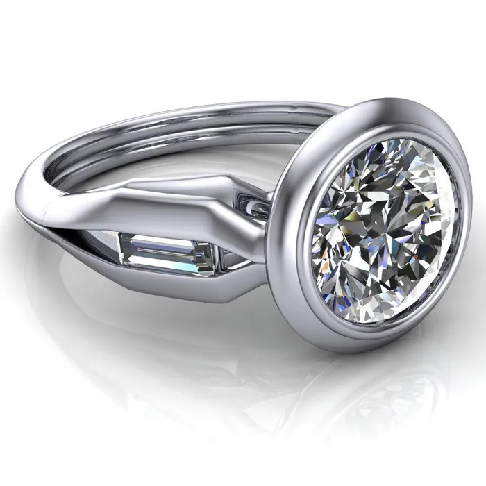 Rings Liberty Round Center Stone Bezel and Baguette Accent Cathedral Ring Fire Brilliance 