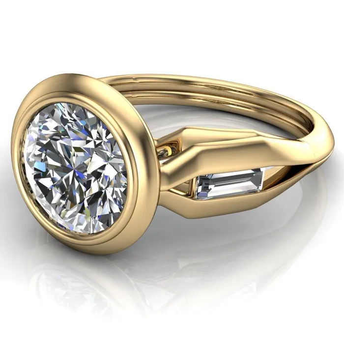 Rings Liberty Round Center Stone Bezel and Baguette Accent Cathedral Ring Fire Brilliance 