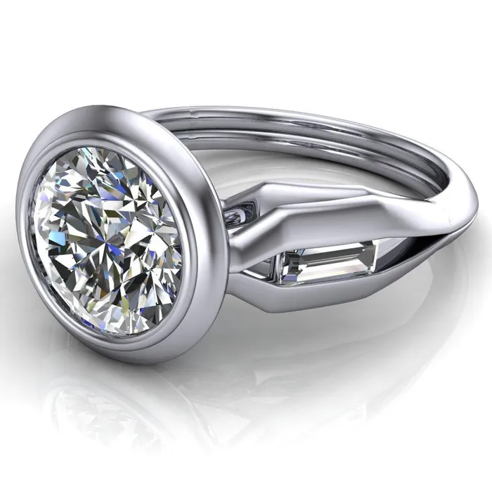 Rings Liberty Round Center Stone Bezel and Baguette Accent Cathedral Ring Fire Brilliance 