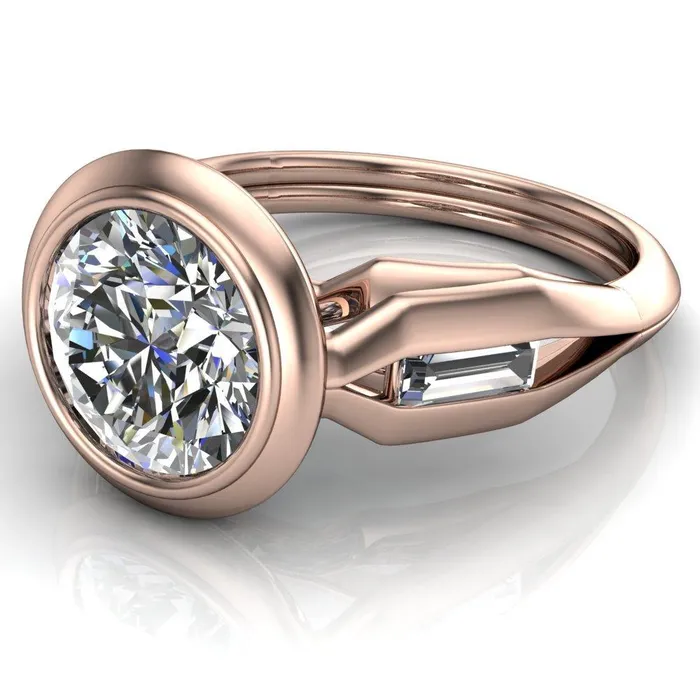 Rings Liberty Round Center Stone Bezel and Baguette Accent Cathedral Ring Fire Brilliance 