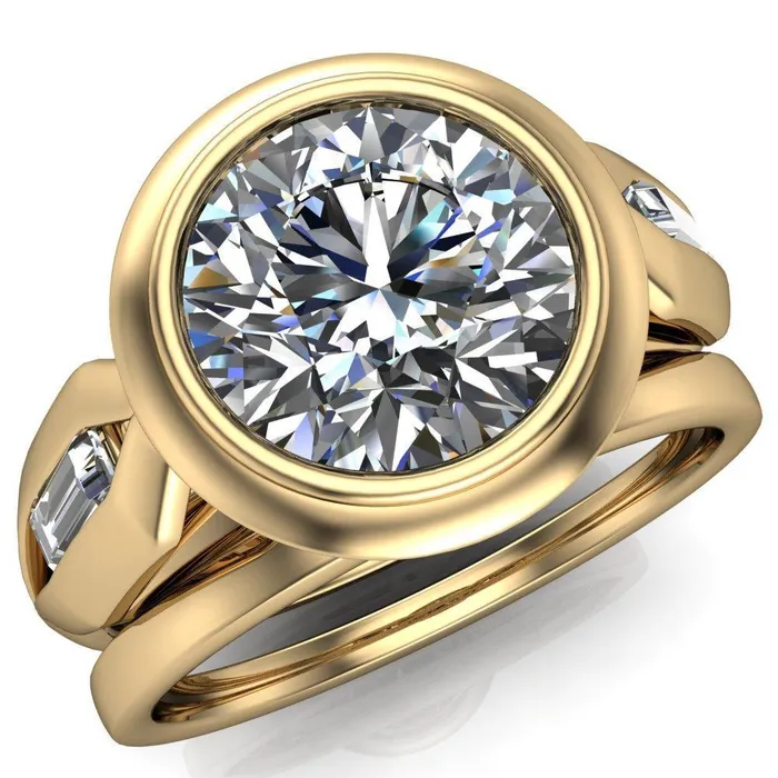 Rings Liberty Round Center Stone Bezel and Baguette Accent Cathedral Ring Fire Brilliance 