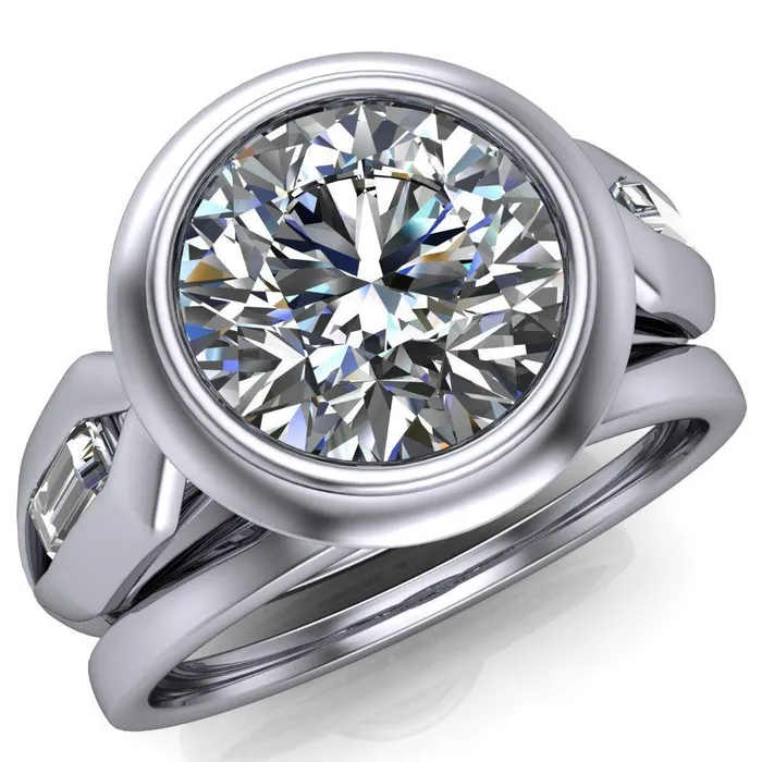 Rings Liberty Round Center Stone Bezel and Baguette Accent Cathedral Ring Fire Brilliance 