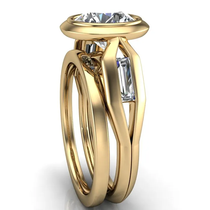 Rings Liberty Round Center Stone Bezel and Baguette Accent Cathedral Ring Fire Brilliance 