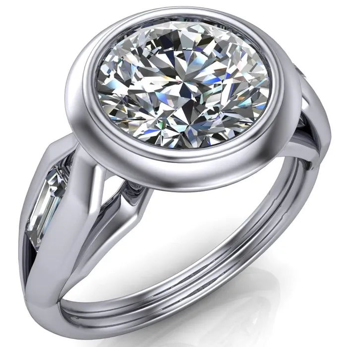 Rings Liberty Round Center Stone Bezel and Baguette Accent Cathedral Ring Fire Brilliance 