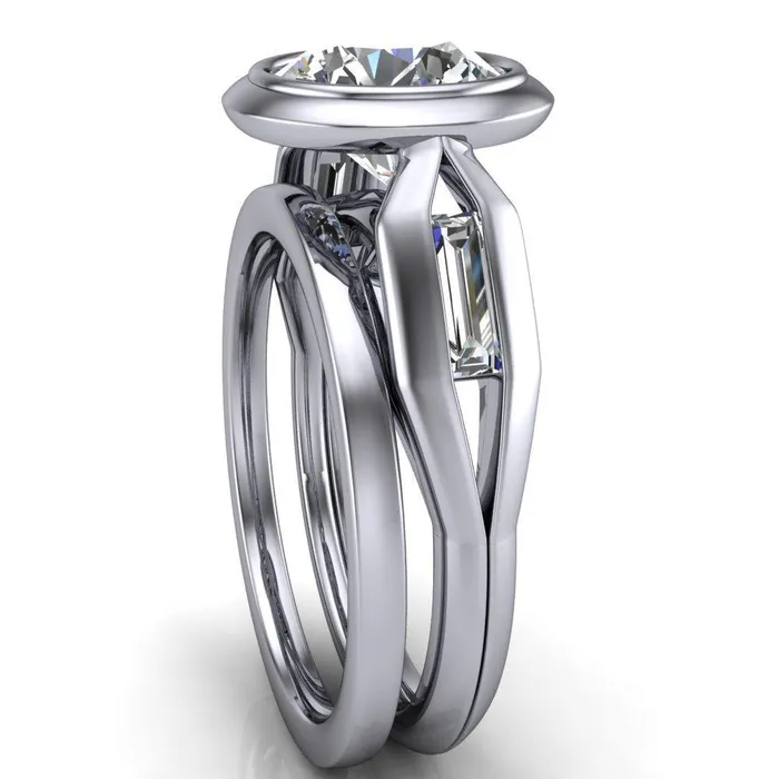 Rings Liberty Round Center Stone Bezel and Baguette Accent Cathedral Ring Fire Brilliance 