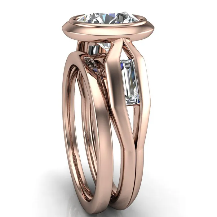Rings Liberty Round Center Stone Bezel and Baguette Accent Cathedral Ring Fire Brilliance 