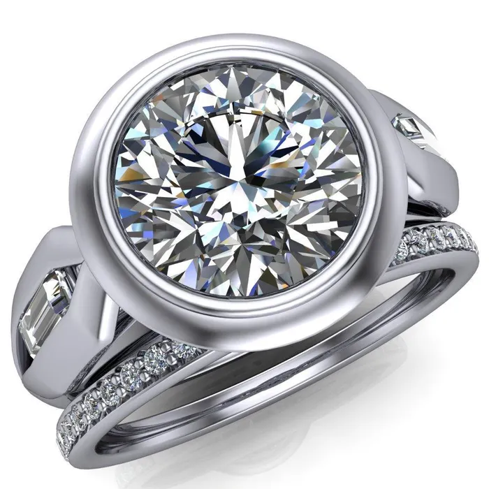 Rings Liberty Round Center Stone Bezel and Baguette Accent Cathedral Ring Fire Brilliance 