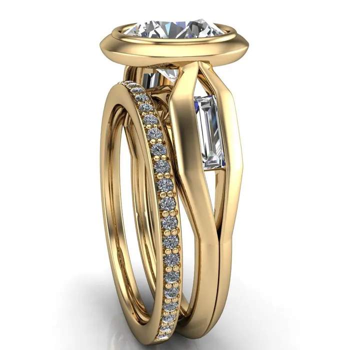 Rings Liberty Round Center Stone Bezel and Baguette Accent Cathedral Ring Fire Brilliance 