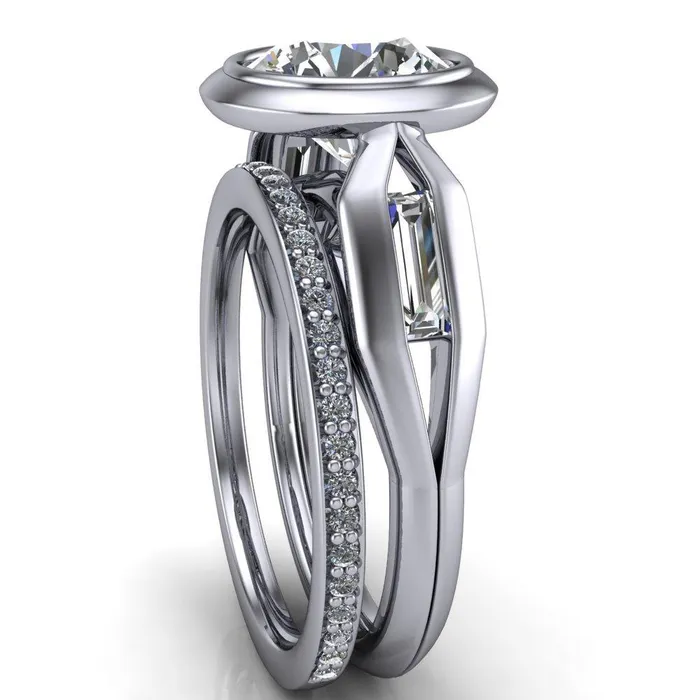 Rings Liberty Round Center Stone Bezel and Baguette Accent Cathedral Ring Fire Brilliance 