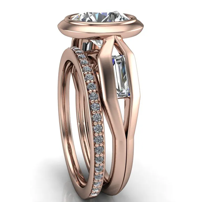 Rings Liberty Round Center Stone Bezel and Baguette Accent Cathedral Ring Fire Brilliance 