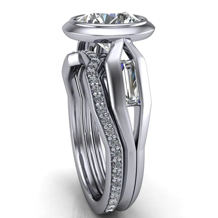 Rings Liberty Round Center Stone Bezel and Baguette Accent Cathedral Ring Fire Brilliance 
