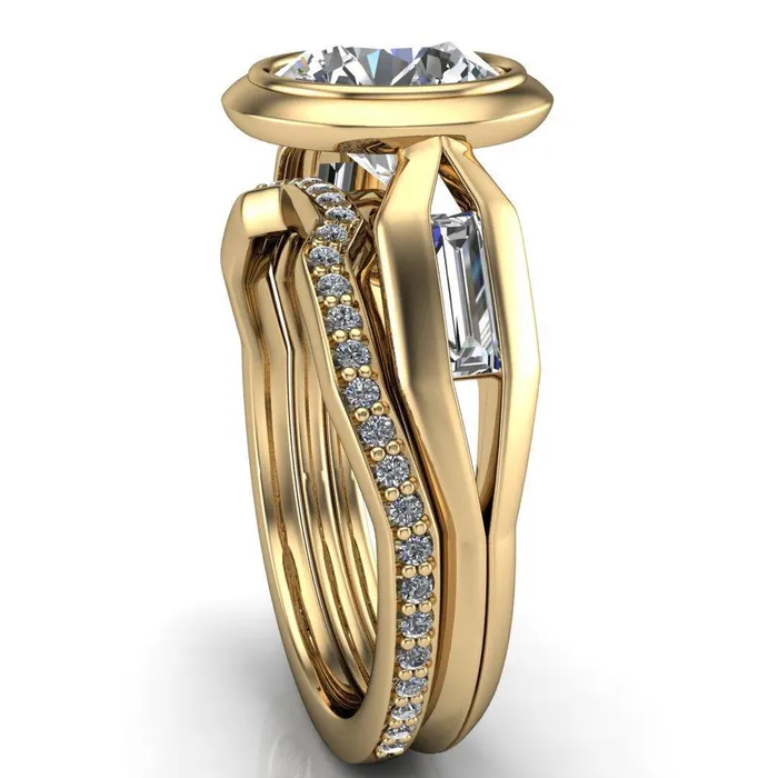Rings Liberty Round Center Stone Bezel and Baguette Accent Cathedral Ring Fire Brilliance 