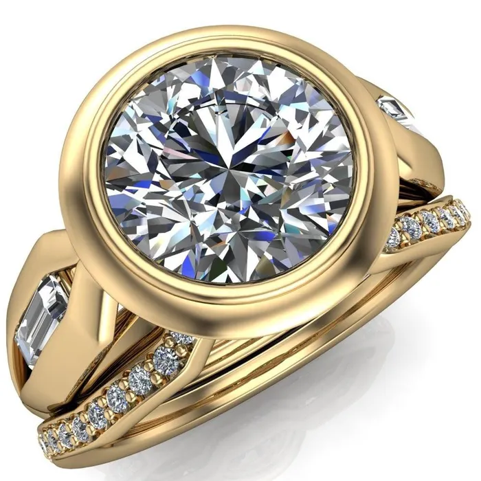Rings Liberty Round Center Stone Bezel and Baguette Accent Cathedral Ring Fire Brilliance 