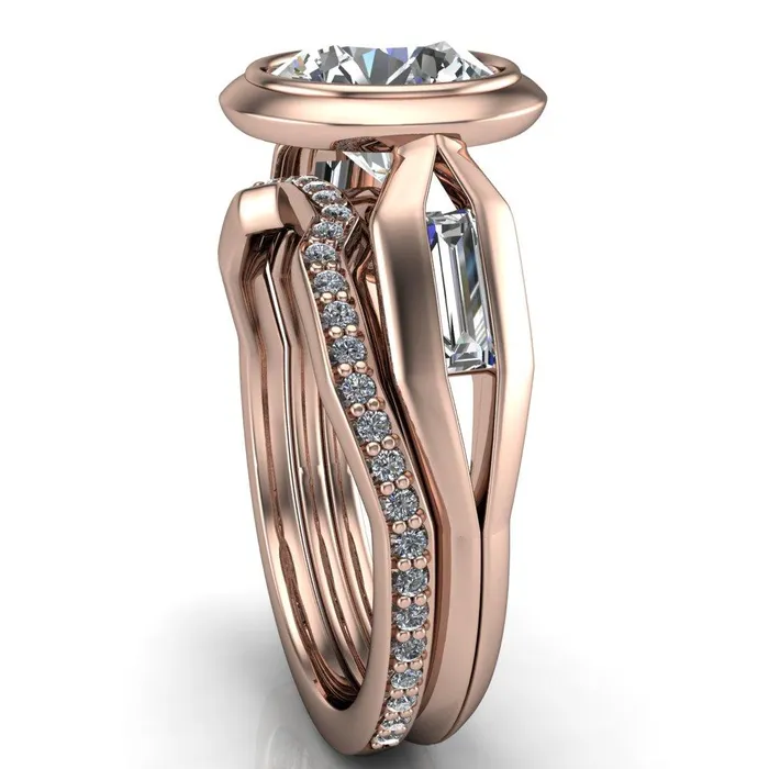 Rings Liberty Round Center Stone Bezel and Baguette Accent Cathedral Ring Fire Brilliance 
