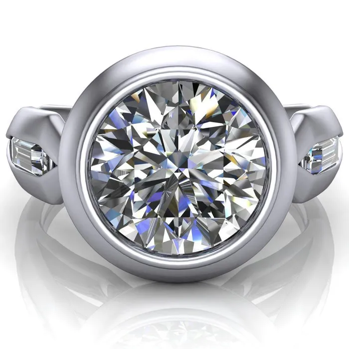 Rings Liberty Round Center Stone Bezel and Baguette Accent Cathedral Ring Fire Brilliance 