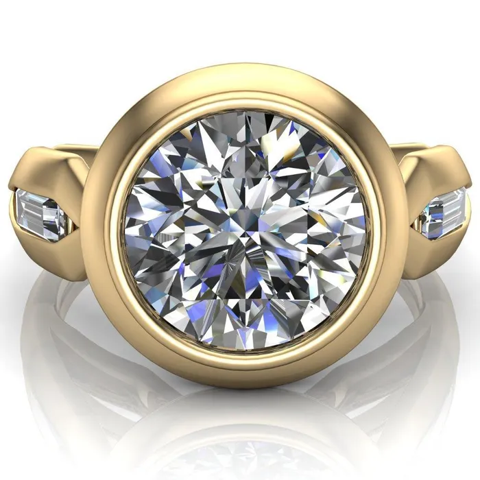 Rings Liberty Round Center Stone Bezel and Baguette Accent Cathedral Ring Fire Brilliance 