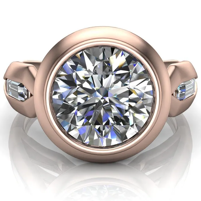 Rings Liberty Round Center Stone Bezel and Baguette Accent Cathedral Ring Fire Brilliance 