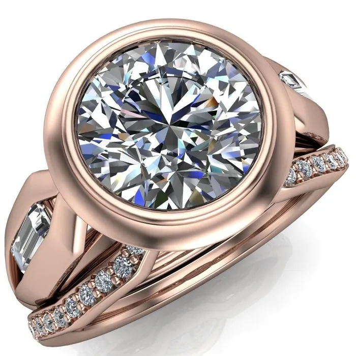 Rings Liberty Round Center Stone Bezel and Baguette Accent Cathedral Ring Fire Brilliance 