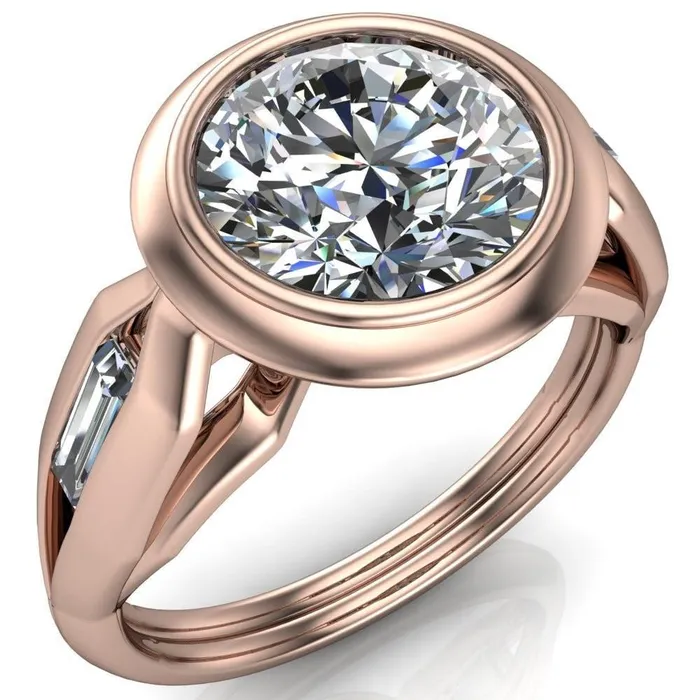 Rings Liberty Round Center Stone Bezel and Baguette Accent Cathedral Ring Fire Brilliance 