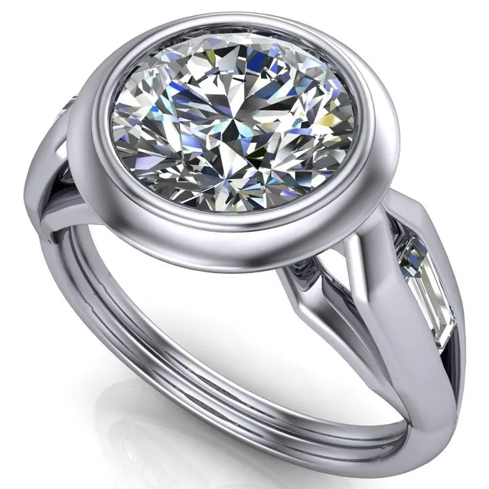 Rings Liberty Round Center Stone Bezel and Baguette Accent Cathedral Ring Fire Brilliance 