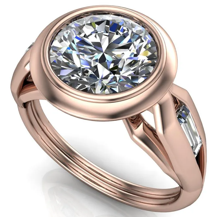 Rings Liberty Round Center Stone Bezel and Baguette Accent Cathedral Ring Fire Brilliance 