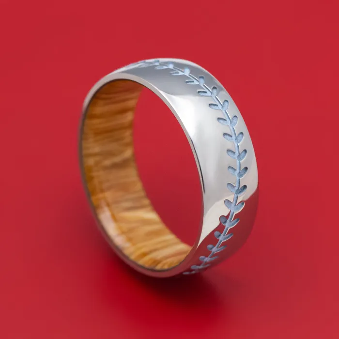 Rings Titanium Baseball Stitch Ring with Hardwood Sleeve Custom Designed by You Lashbrook Rings Titanium Baseball Stitch Ring with Hardwood Sleeve Custom Designed by You Lashbrook