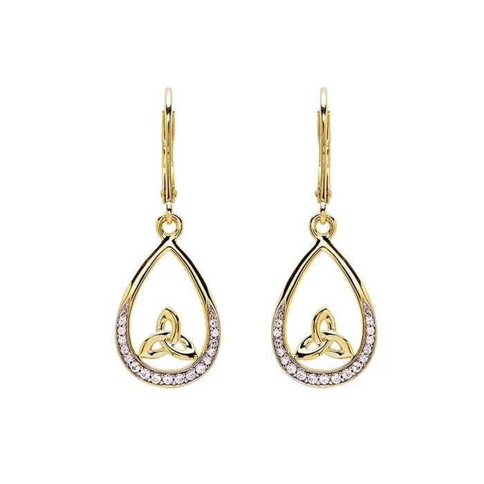 Shanore 14KT Gold Vermeil Tear Drop Trinity Knot Earrings Studded with White Cubic Zirconias Earrings