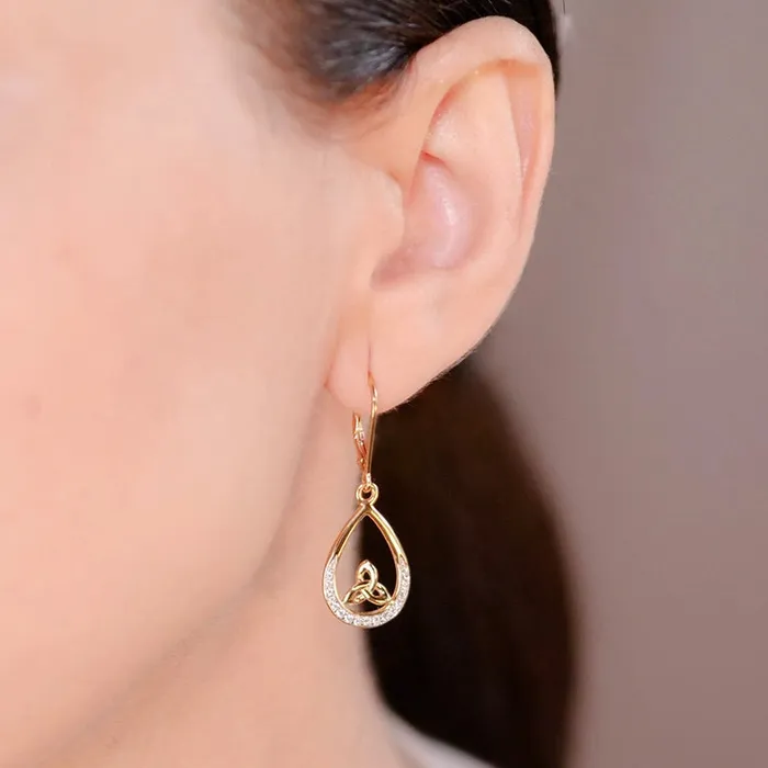 Shanore 14KT Gold Vermeil Tear Drop Trinity Knot Earrings Studded with White Cubic Zirconias Earrings